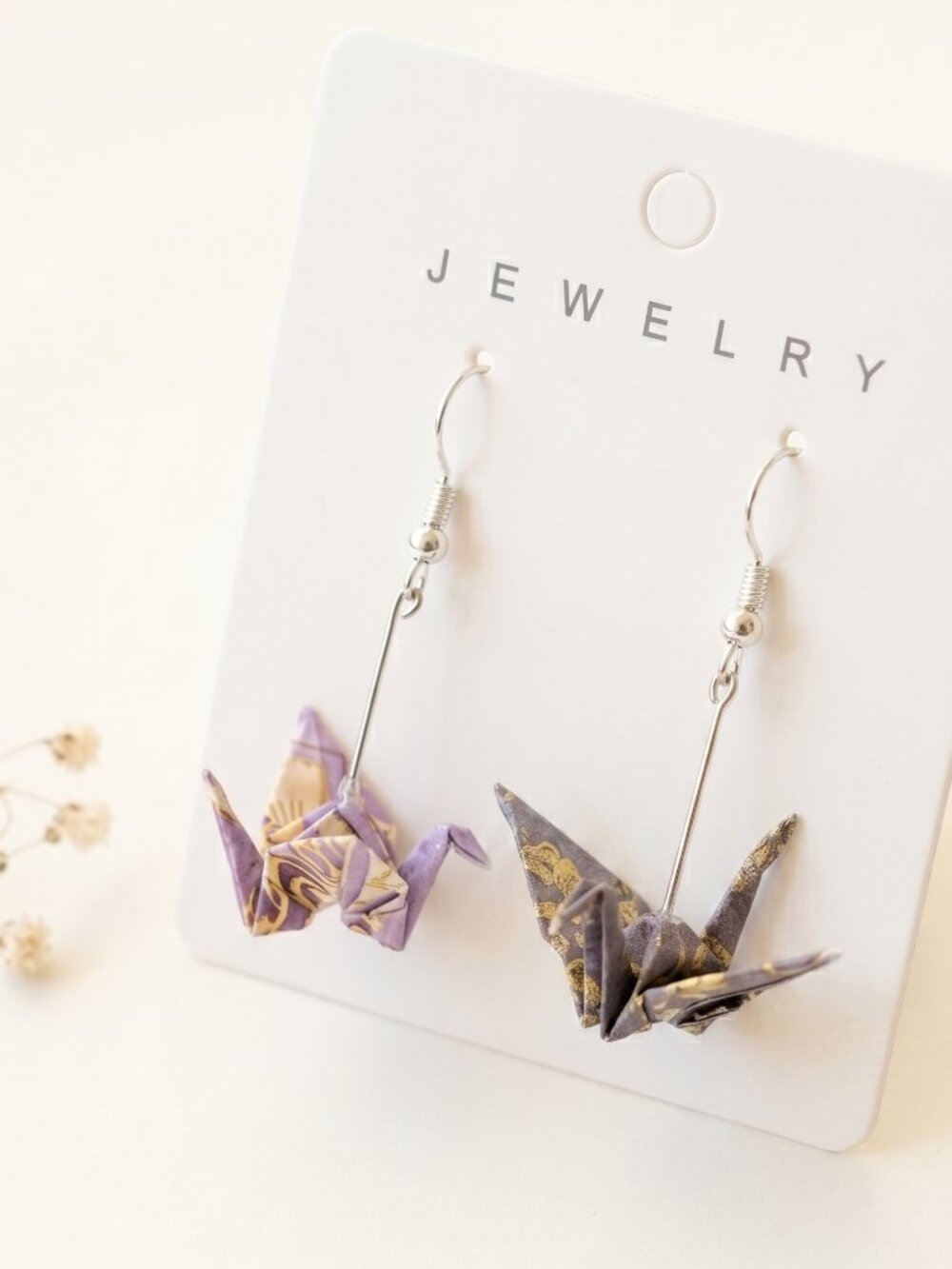 Handmade Origami Crane Dangle Earrings — Mismatched Purple, Lightweight, Hypoall